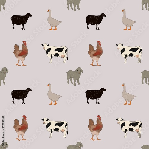 Fototapeta Naklejka Na Ścianę i Meble -  Seamless pattern with farm animals. Goose, sheep, cow, rooster, chicken. On pink background. Illustration.