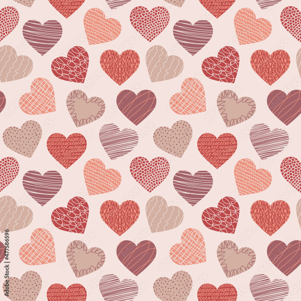 Vector geometric seamless pattern of hearts. Simple texture of hand drawn curves, lines, spirals. Contemporary trend illustration. Doodle abstract background, wallpaper
