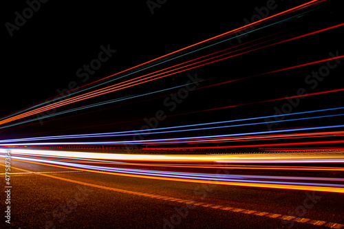 lines of lights. lights of cars with night. long exposure