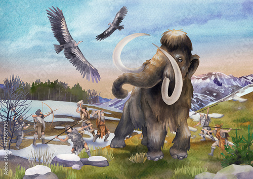 Watercolor scene of primordial humans hunting on a mammoths photo
