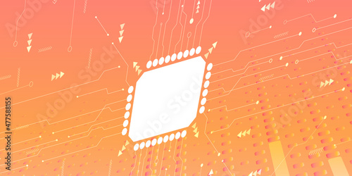 Micro processor core with circuit link for website template or landing homepage. high CPU performance abstract background. digital code security technology. big data visualization and quantum computer