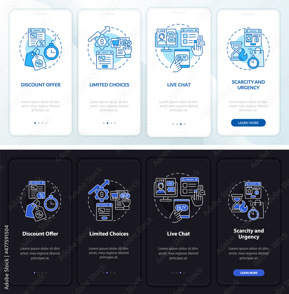 Landing page night and day mode onboarding mobile app screen. Ads walkthrough 4 steps graphic instructions pages with linear concepts. UI, UX, GUI template. Myriad Pro-Bold, Regular fonts used