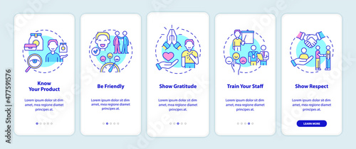 Customer service onboarding mobile app screen. Clients assistance walkthrough 5 steps graphic instructions pages with linear concepts. UI, UX, GUI template. Myriad Pro-Bold, Regular fonts used