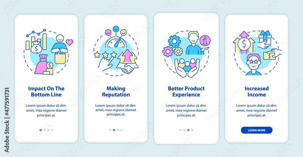 Benefits of customer service onboarding mobile app screen. Good support walkthrough 4 steps graphic instructions pages with linear concepts. UI, UX, GUI template. Myriad Pro-Bold, Regular fonts used