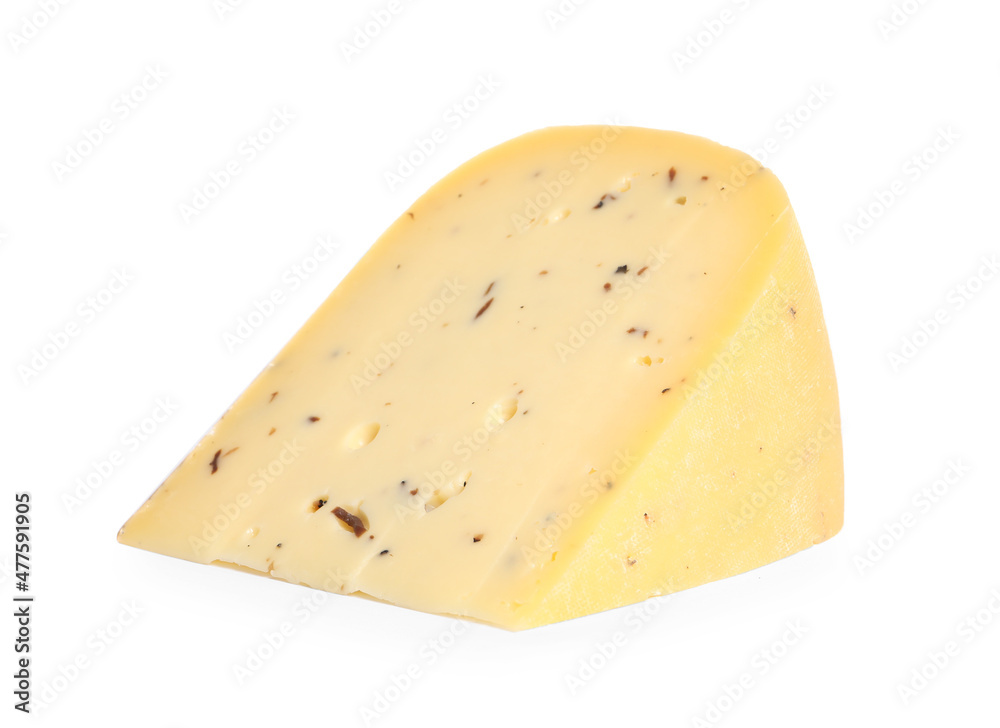 Piece of delicious truffle cheese isolated on white