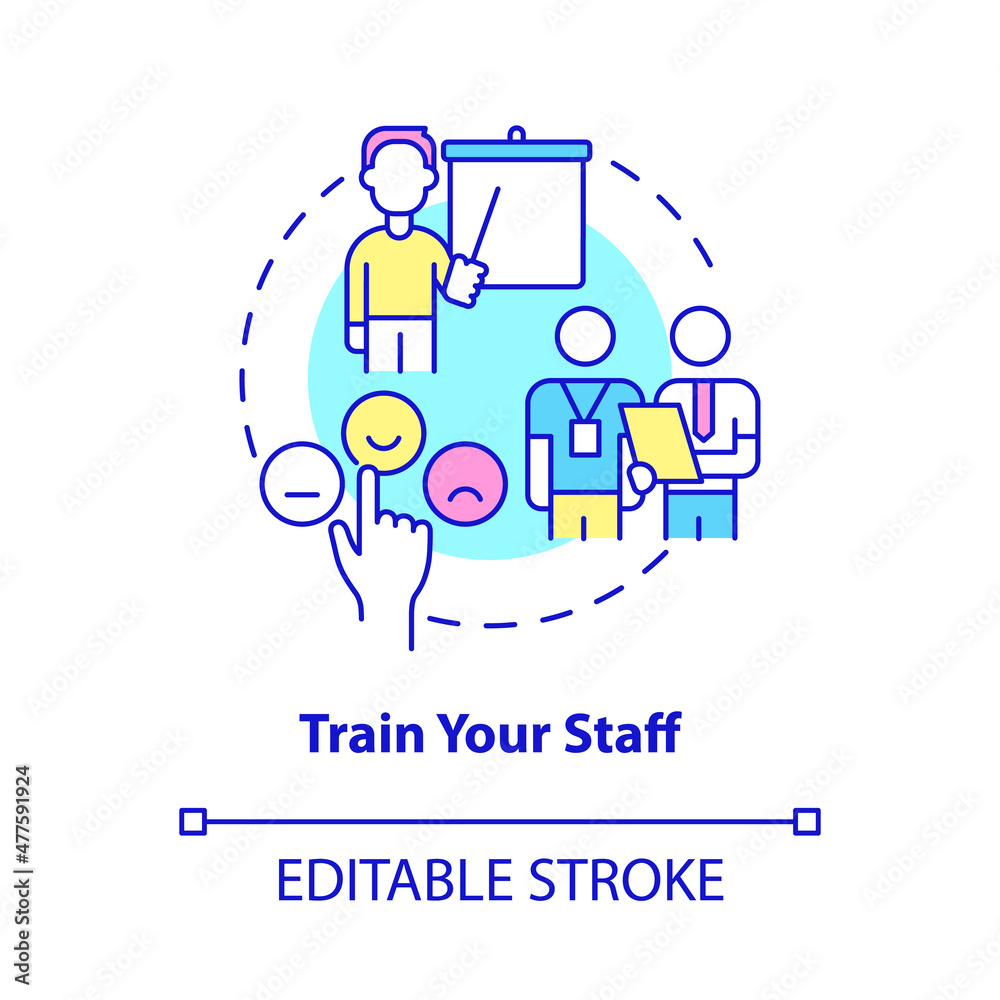 Train your staff concept icon. Courses for personnel. Customer service abstract idea thin line illustration. Isolated outline drawing. Editable stroke. Roboto-Medium, Myriad Pro-Bold fonts used Train your staff concept icon. Courses for personnel. Customer service abstract idea thin line illustration. Isolated outline drawing. Editable stroke. Roboto-Medium, Myriad Pro-Bold fonts used