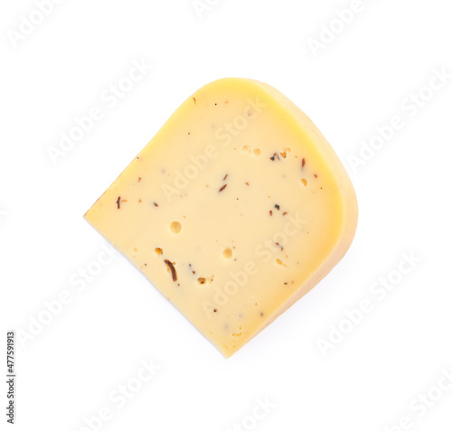 Piece of delicious truffle cheese isolated on white, top view