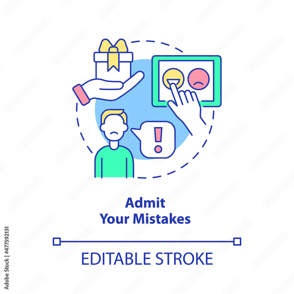Admit your mistakes concept icon. Take responsibility. Customer service tips abstract idea thin line illustration. Isolated outline drawing. Editable stroke. Roboto-Medium, Myriad Pro-Bold fonts used Admit your mistakes concept icon. Take responsibility. Customer service tips abstract idea thin line illustration. Isolated outline drawing. Editable stroke. Roboto-Medium, Myriad Pro-Bold fonts used