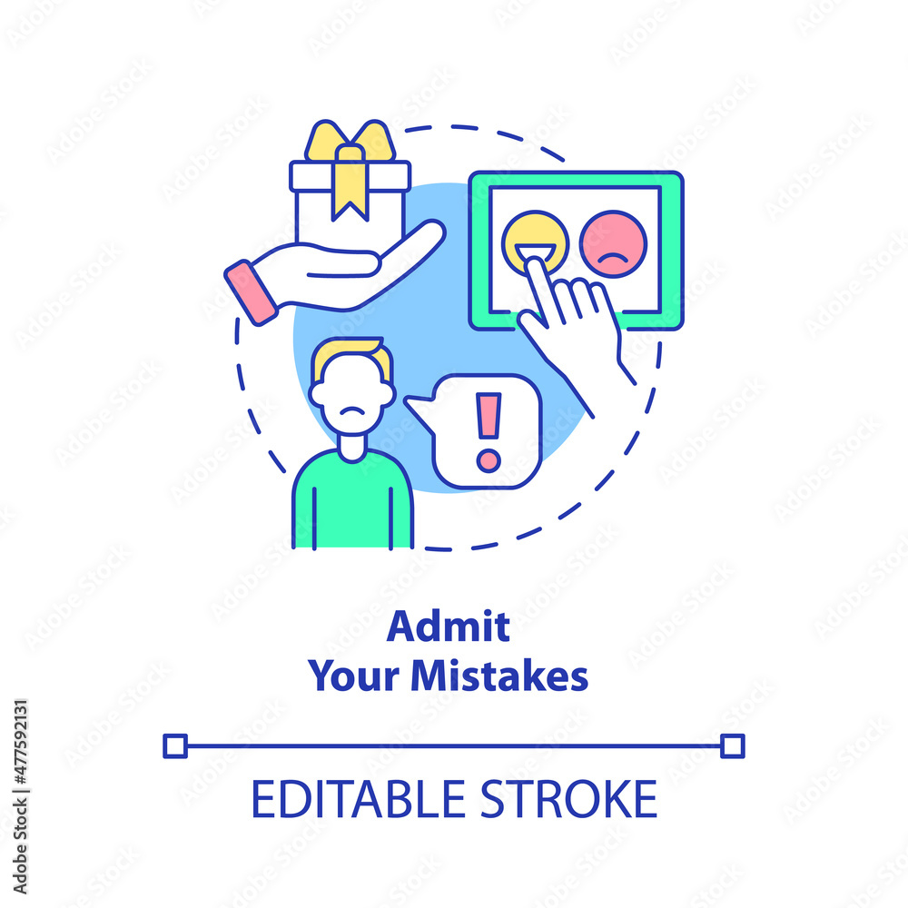 Admit your mistakes concept icon. Take responsibility. Customer service tips abstract idea thin line illustration. Isolated outline drawing. Editable stroke. Roboto-Medium, Myriad Pro-Bold fonts used