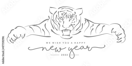 Happy New Year 2022 year of the tiger grey handwritten typography white isolated background with angry tiger safeguard new year 2022 logo tattoo greeting card