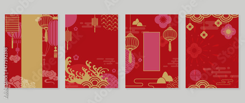 Chinese New Year covers background vectors. Luxury background design with gold Chinese  lantern and oriental decorative element for Asian Lunar New Year holiday cover, poster, ad and sale banner.