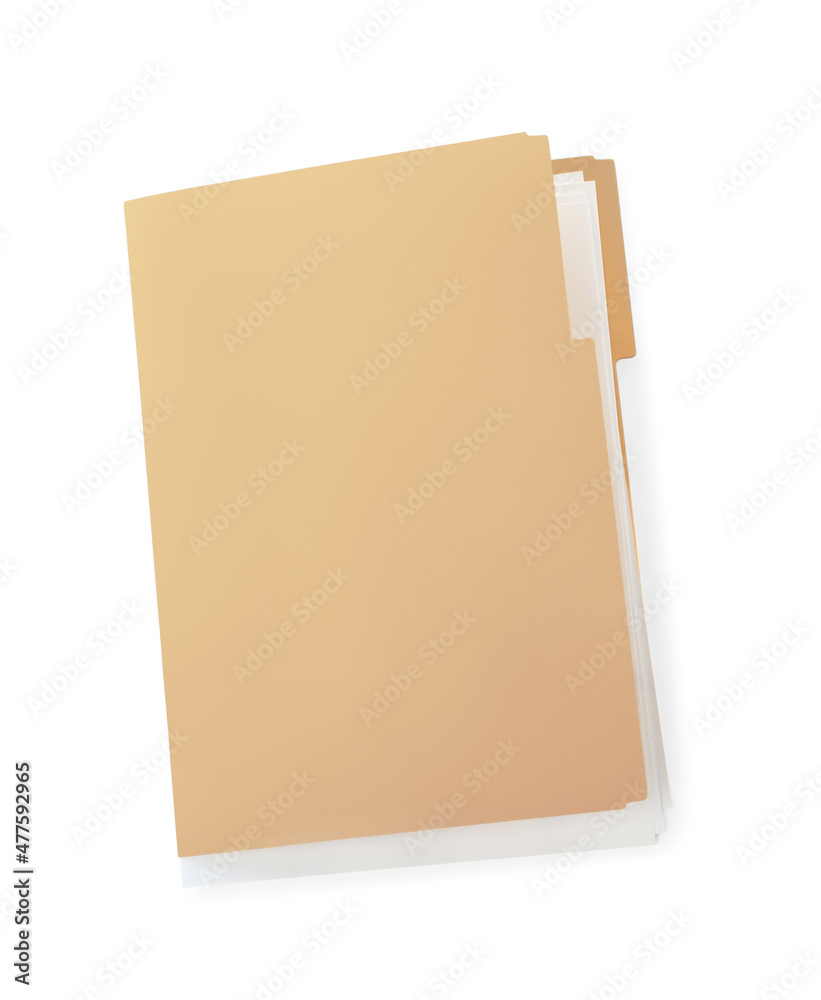 Yellow file with documents isolated on white, top view Yellow file with documents isolated on white, top view
