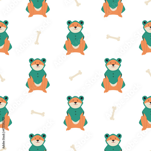 Seamless pattern with a funny husky dog in a frog costume