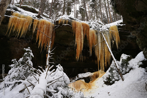 Beautiful colourful natural icefalls (Brtnicke ledopady) is popular tourist attraction in Czech Republic in winter time