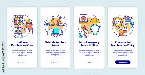Maintenance, repairs and remodeling onboarding mobile app screen. Service walkthrough 4 steps graphic instructions pages with linear concepts. UI, UX, GUI template. Myriad Pro-Bold, Regular fonts used