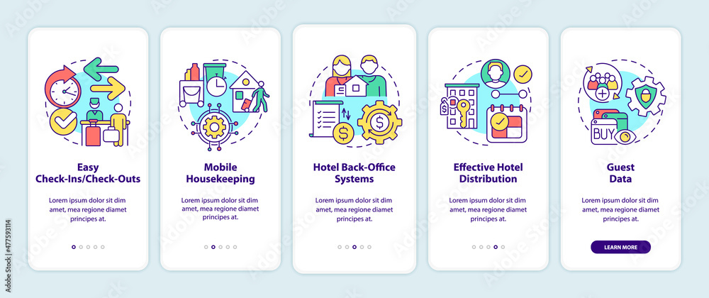 Property management systems in hotels onboarding mobile app screen. Tech walkthrough 5 steps graphic instructions pages with linear concepts. UI, UX, GUI template. Myriad Pro-Bold, Regular fonts used