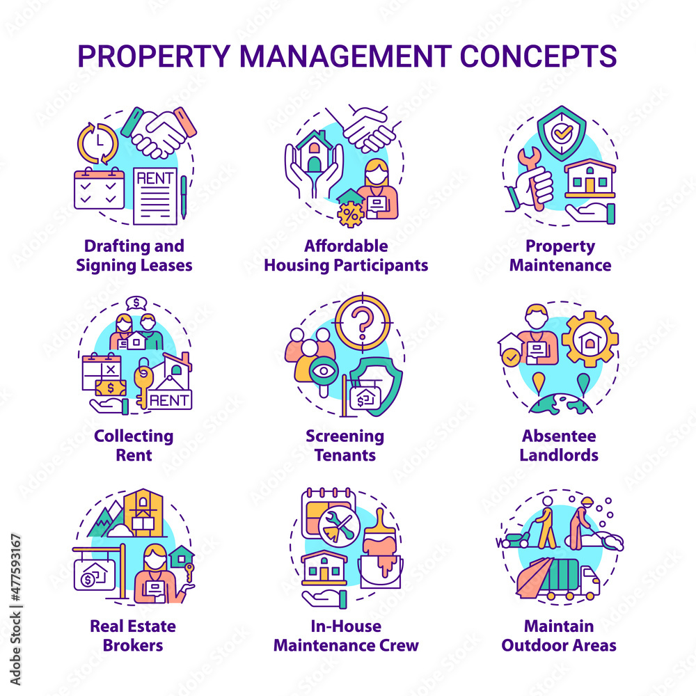 Property management concept icons set. Professional service. Operation with real estate idea thin line color illustrations. Isolated outline drawings. Roboto-Medium, Myriad Pro-Bold fonts used