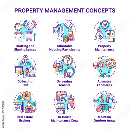 Property management concept icons set. Professional service. Operation with real estate idea thin line color illustrations. Isolated outline drawings. Roboto-Medium, Myriad Pro-Bold fonts used © bsd studio