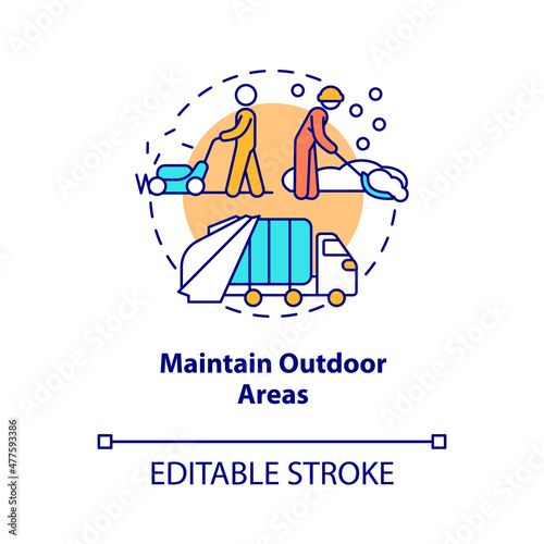Maintain outdoor areas concept icon. Housekeeping service for tenants abstract idea thin line illustration. Isolated outline drawing. Editable stroke. Roboto-Medium, Myriad Pro-Bold fonts used