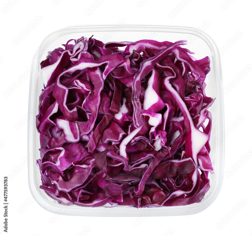 Obraz premium Fresh chopped red cabbage in plastic container isolated on white, top view