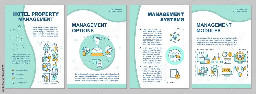 Naklejka premium Property manager responsibilities mint brochure template. Booklet print design with linear icons. Vector layouts for presentation, annual reports, ads. Arial, Myriad Pro-Regular fonts used
