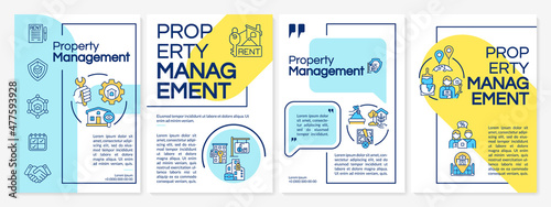 Hotels property management blue and yellow brochure template. Booklet print design with linear icons. Vector layouts for presentation, annual reports, ads. Questrial-Regular, Lato-Regular fonts used