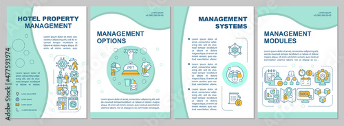 Property manager responsibilities mint brochure template. Booklet print design with linear icons. Vector layouts for presentation, annual reports, ads. Arial, Myriad Pro-Regular fonts used