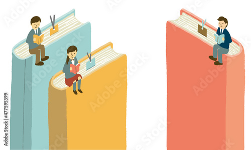 本に座って読書する制服を着た学生のイラスト