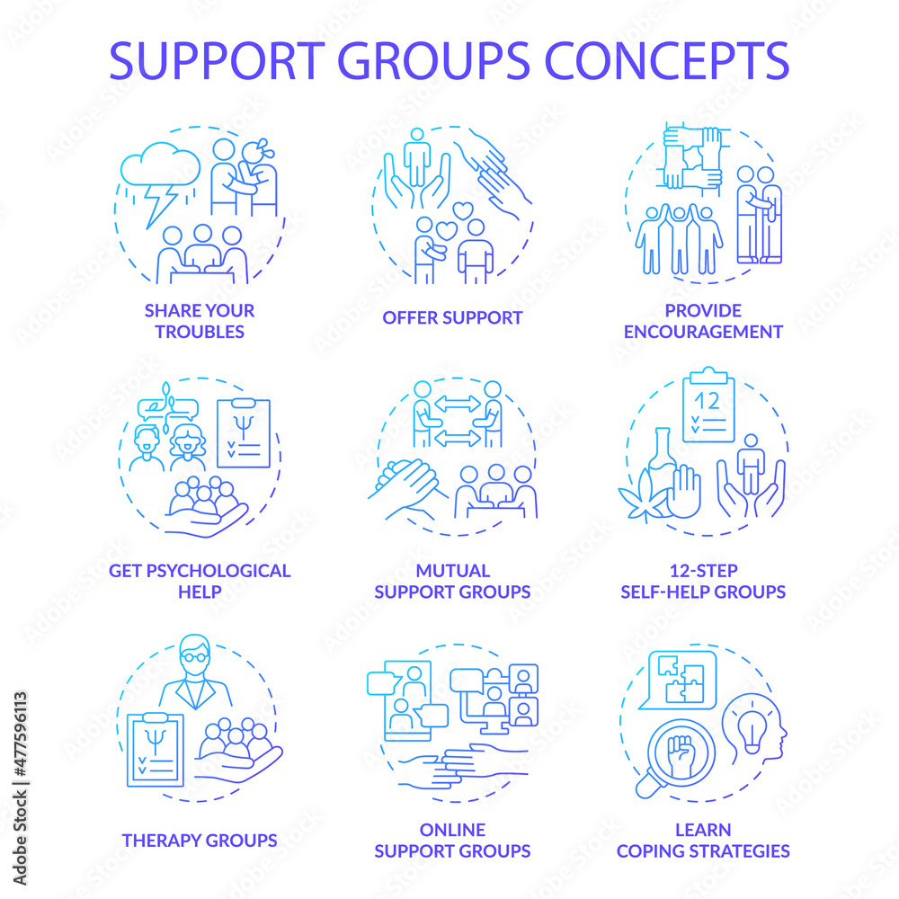 Support groups blue gradient concept icons set. Online therapy idea thin line color illustrations. Learn coping strategies. Isolated outline drawings. Roboto-Medium, Myriad Pro-Bold fonts used