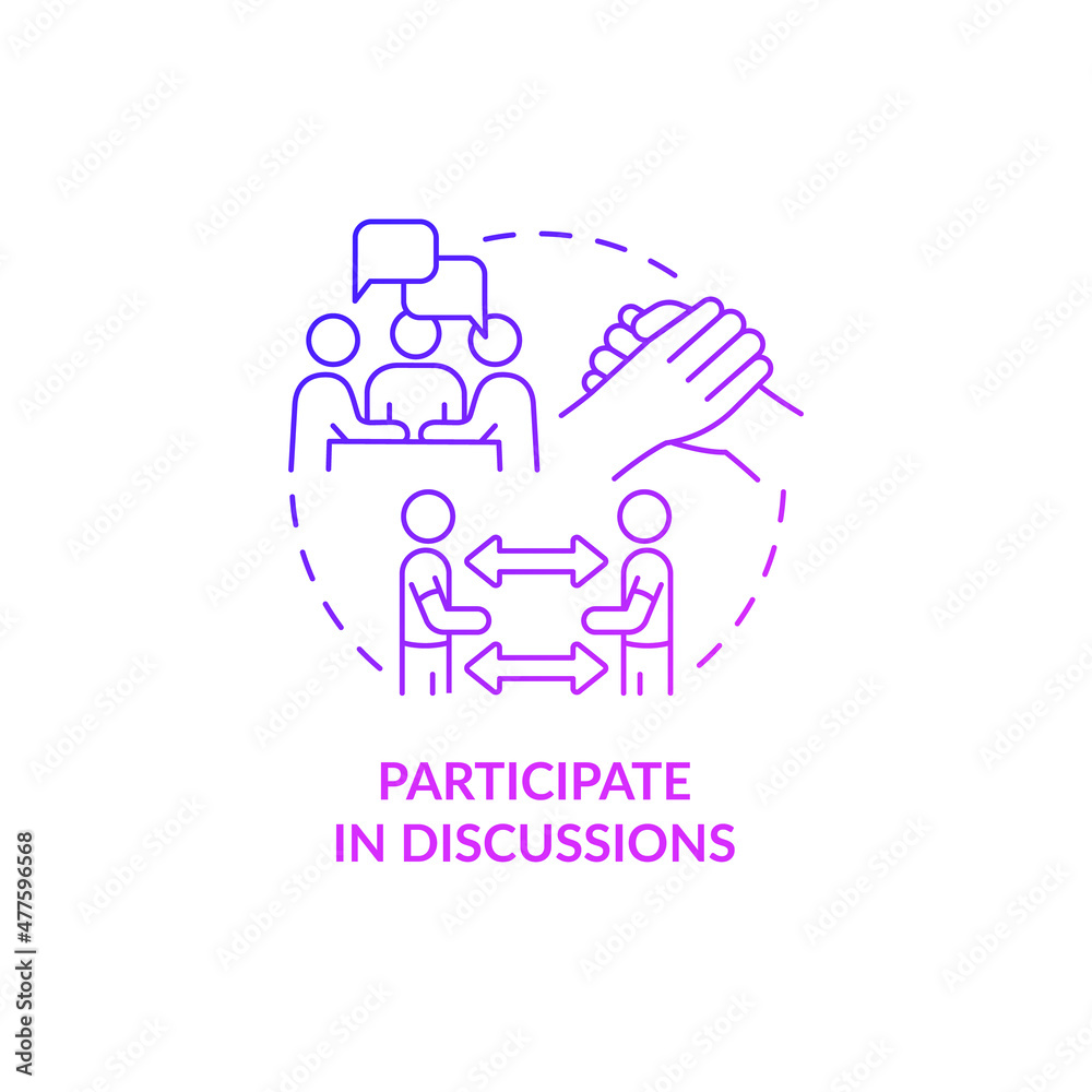 Participate in discussions purple gradient concept icon. Sharing personal experiences abstract idea thin line illustration. Isolated outline drawing. Roboto-Medium, Myriad Pro-Bold fonts used Participate in discussions purple gradient concept icon. Sharing personal experiences abstract idea thin line illustration. Isolated outline drawing. Roboto-Medium, Myriad Pro-Bold fonts used