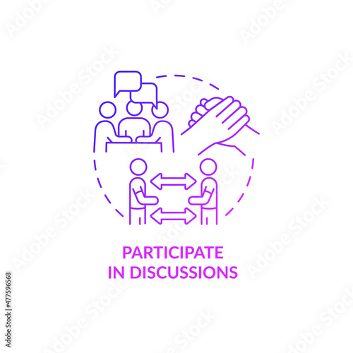 Participate in discussions purple gradient concept icon. Sharing personal experiences abstract idea thin line illustration. Isolated outline drawing. Roboto-Medium, Myriad Pro-Bold fonts used
