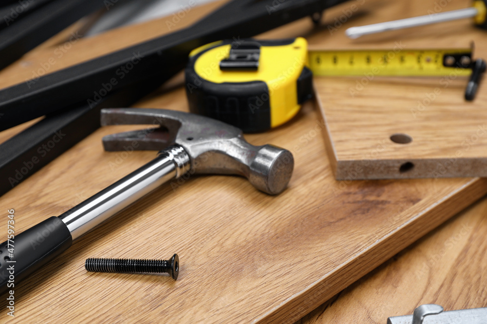 Furniture parts and equipment for self-assembly, closeup Furniture parts and equipment for self-assembly, closeup