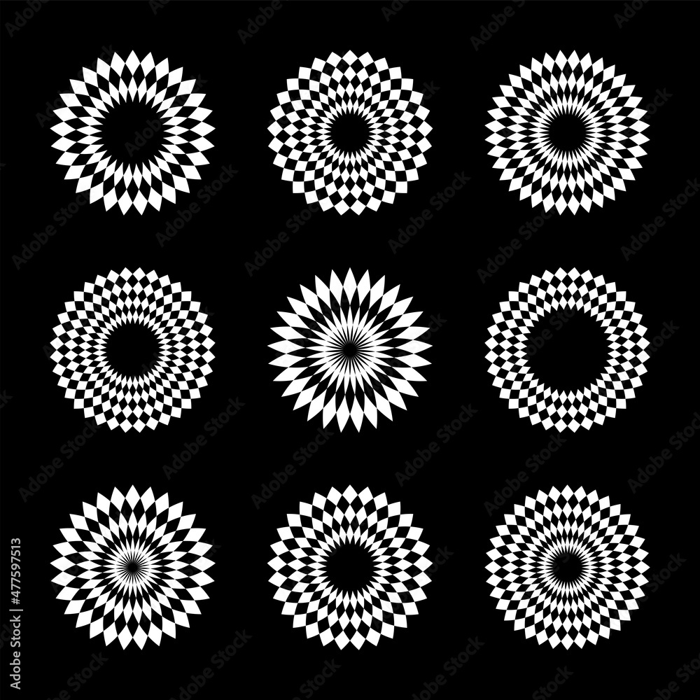 Abstract circle patterns. White design elements on black background. Abstract circle patterns. White design elements on black background.