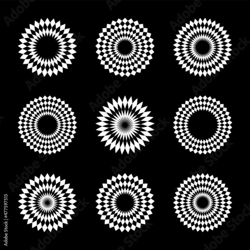 Abstract circle patterns. White design elements on black background.