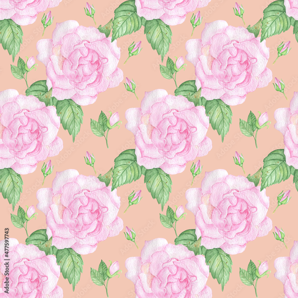 Watercolor seamless pink roses pattern on orange background.Good for textile,fabrics,wallpaper.