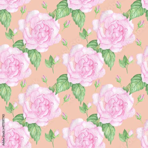 Watercolor seamless pink roses pattern on orange background.Good for textile,fabrics,wallpaper.