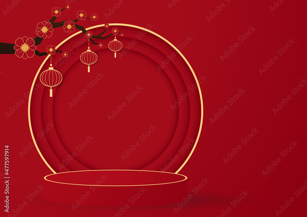 Podium round stage Chinese style, for Chinese new year and festivals. Happy  Chinese new year 2022.