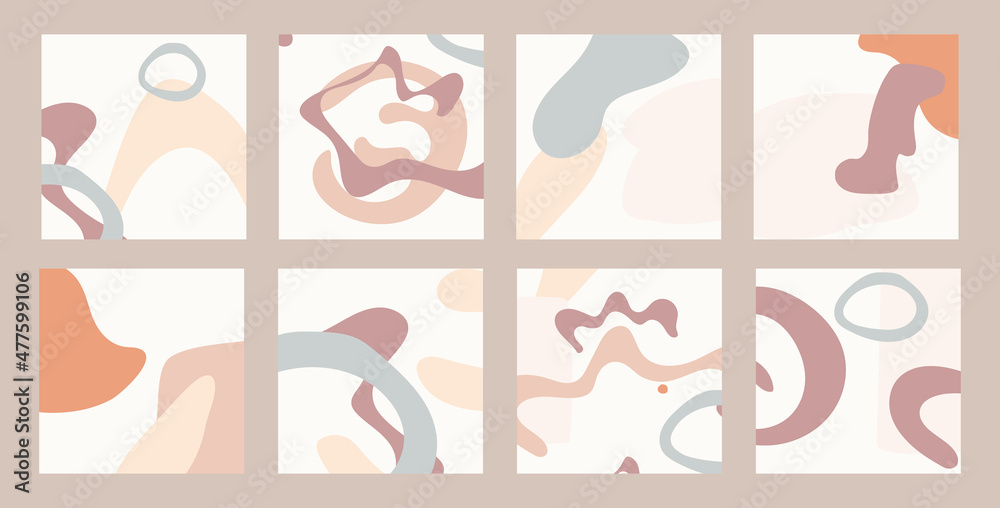 Design for timeless social media stories in boho style with abstract shapes. Set of square illustrations. Backgrounds for printing.