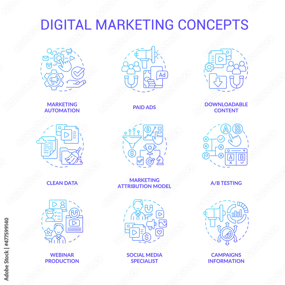 Digital marketing and strategies blue gradient concept icons set. Boost business online idea thin line color illustrations. Isolated outline drawings. Roboto-Medium, Myriad Pro-Bold fonts used