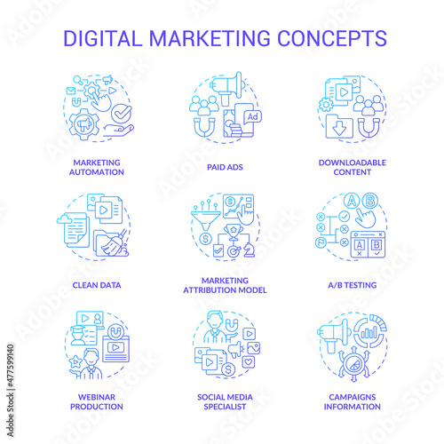 Digital marketing and strategies blue gradient concept icons set. Boost business online idea thin line color illustrations. Isolated outline drawings. Roboto-Medium, Myriad Pro-Bold fonts used