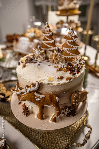 Christmas cake decorated with gingerbread cookies