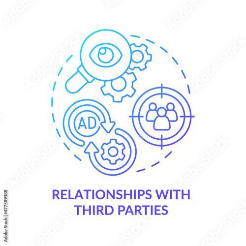 Relationships with third parties blue gradient concept icon. Marketing strategy abstract idea thin line illustration. Isolated outline drawing. Roboto-Medium, Myriad Pro-Bold fonts used