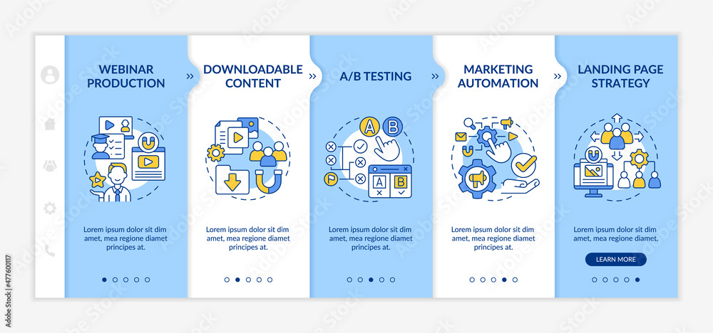 Digital marketing strategies blue and white onboarding template. Online promo. Responsive mobile website with linear concept icons. Web page walkthrough 5 step screens. Lato-Bold, Regular fonts used