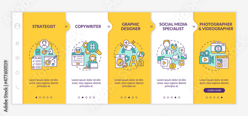 Digital marketing professions yellow onboarding template. Content making. Responsive mobile website with linear concept icons. Web page walkthrough 5 step screens. Lato-Bold, Regular fonts used