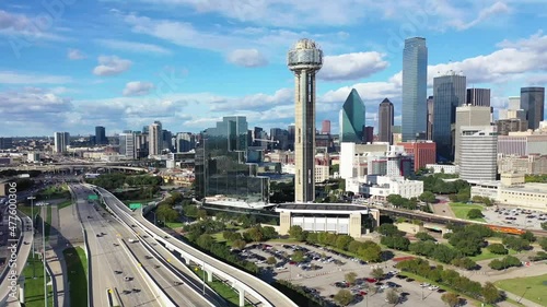 Aerial Flying Over Dallas, Texas, Downtown, Beautiful Cityscape photo