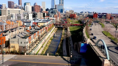 Aerial Flying Over Denver, Colorado, Downtown, South Platte River