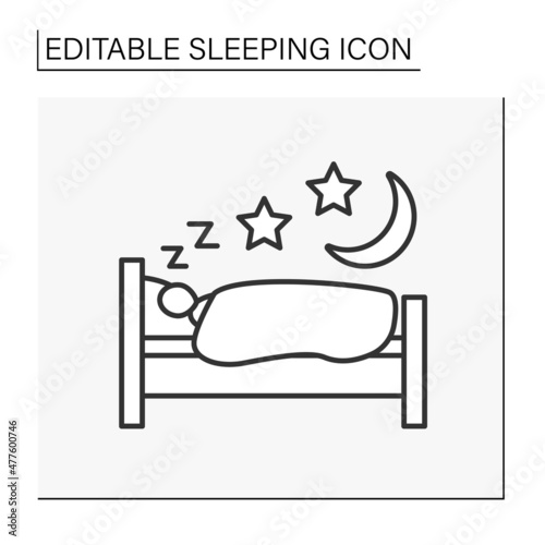 Sleep line icon. Person sleep in bed. Night time. Dreams.Sleeping concept. Isolated vector illustration. Editable stroke