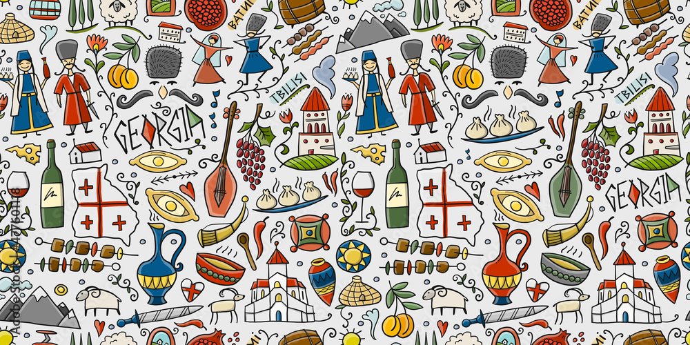 Georgia Country. Travel Background. Collection of design elements - food, places and dancing people. Seamless pattern background - obrazy, fototapety, plakaty 
