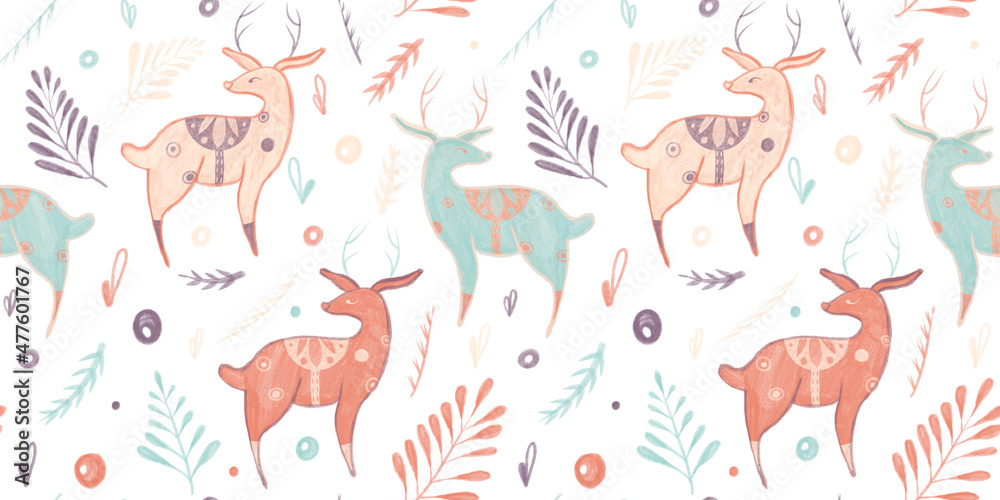 Seamless pattern with illustration of cute lamas, deer, decorative leaves, branches, doodles, dots. Pink childish pattern isolated on white background. Seamless pattern with illustration of cute lamas, deer, decorative leaves, branches, doodles, dots. Pink childish pattern isolated on white background.
