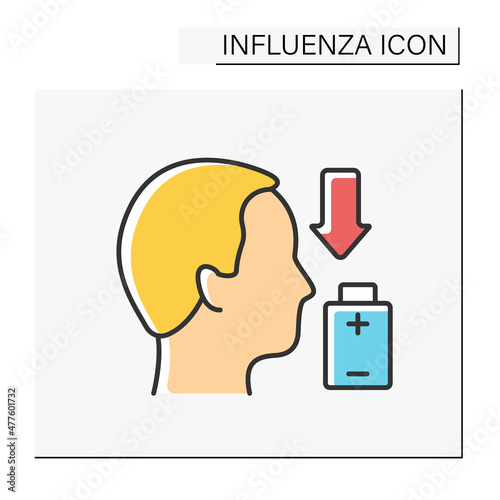 Sick color icon. Low life energy. Post-viral syndrome. Man feel drained of energy and unwell. Influenza concept. Isolated vector illustration